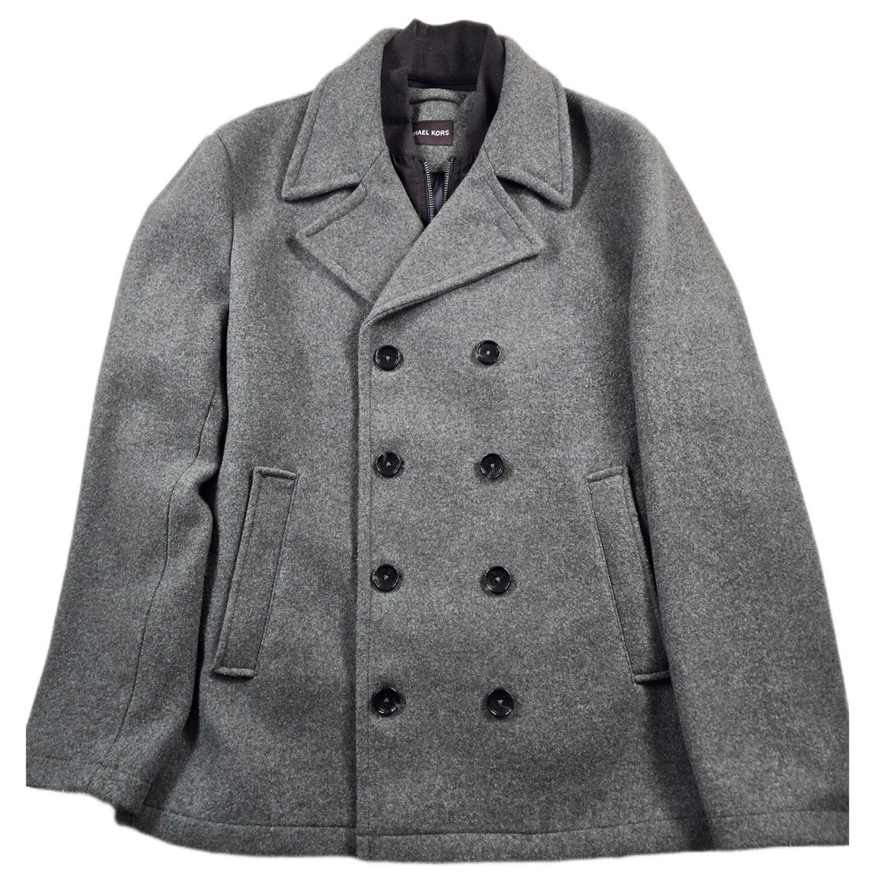 Michael Kors Pea Coat Mens Large Gray Wool Blend Double Breasted With Bib